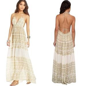 Free People Womens Boho Maxi Dress Halter Open Back Tiered‎ Sz XS Green Cotton